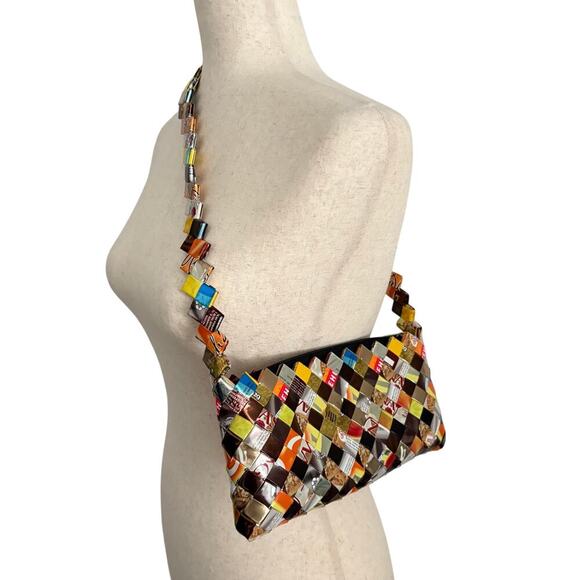 Upcycled Candy Wrapper Woven Crossbody Shoulder Bag Multicolor Eco Friendly Fall - Picture 3 of 7